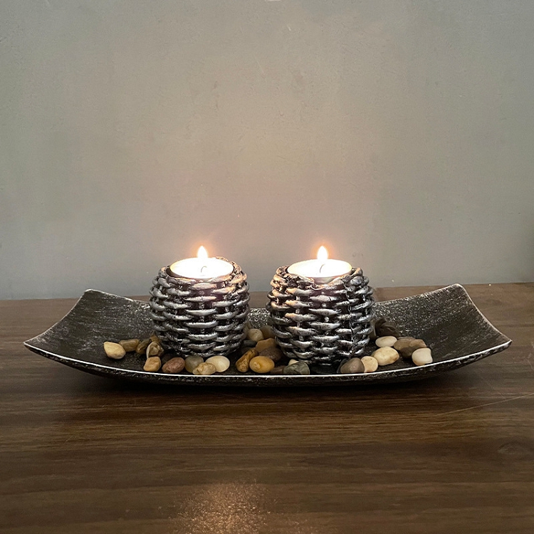 Cross-border new antique rattan candlestick set wooden resin crafts home zen ornaments scented candles